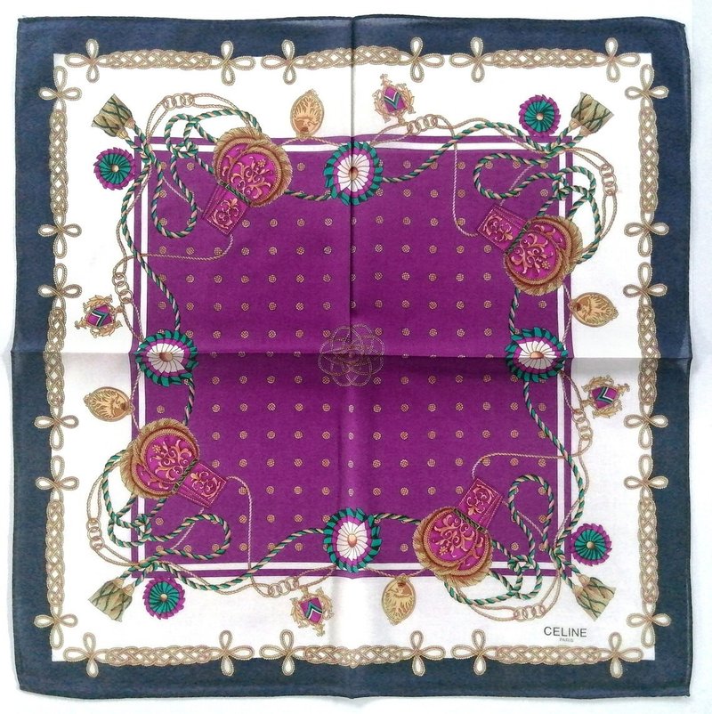 Celine Paris 古着手帕 凯尔特绳结 - 珠宝 - 流苏 19 x 19 英寸 - 手帕/方巾 - 棉．麻 紫色