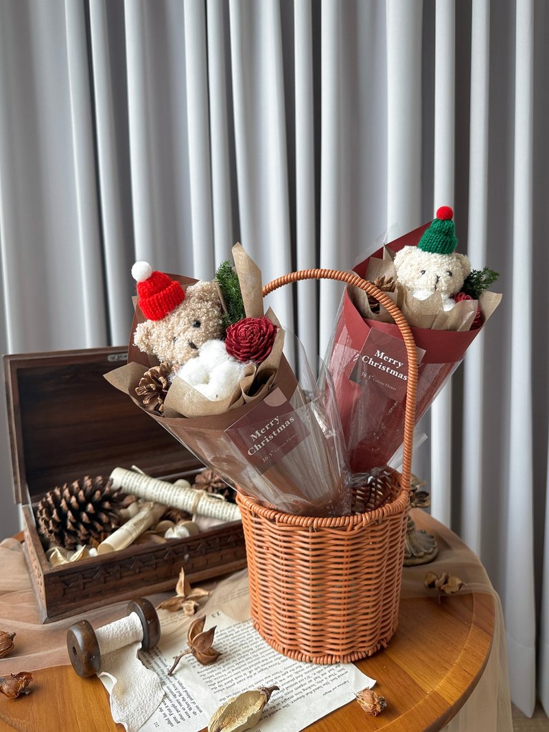 圣诞熊 甜筒小花束 红包装/咖啡包装 - 干燥花/捧花 - 植物．花 咖啡色