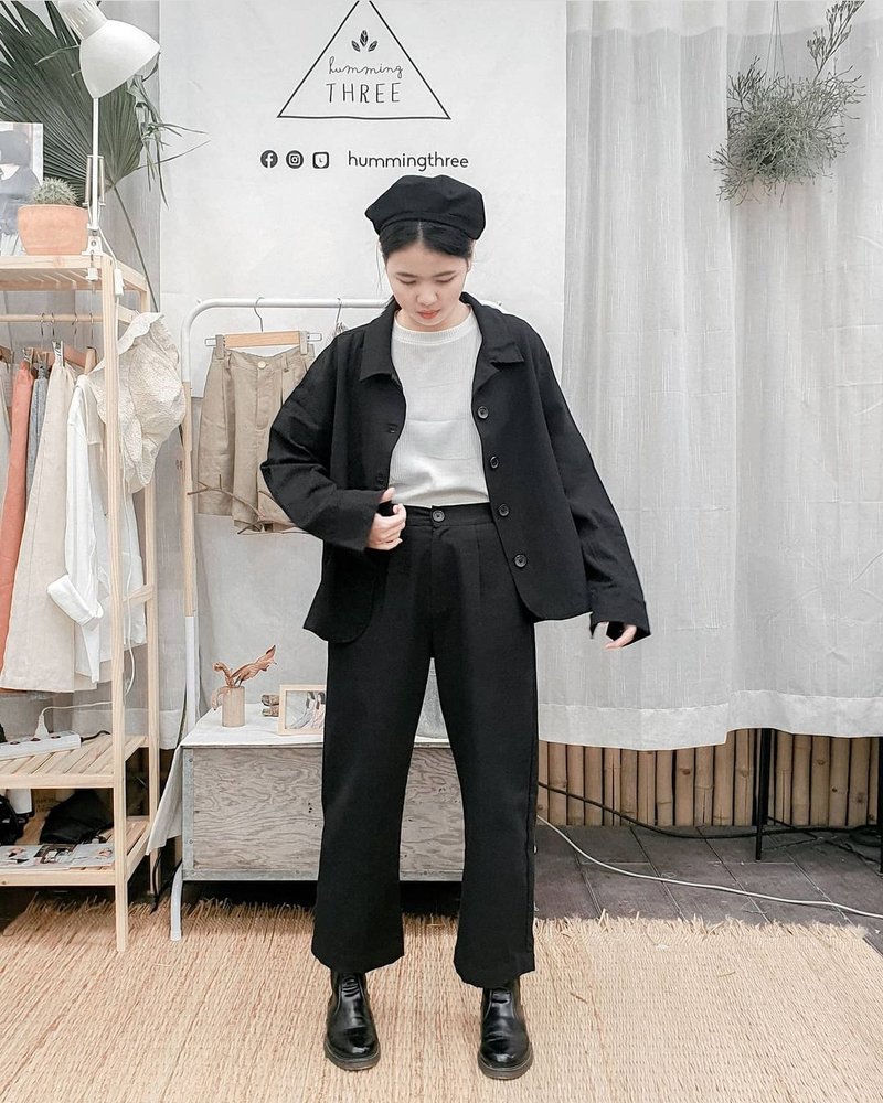 New Journey set - Black (Cotton Long sleeve shirt+Long pants) - 女装上衣 - 棉．麻 黑色