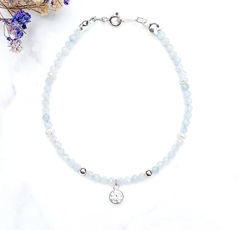 12星座守护石-金牛座 Taurus海蓝宝x天然淡水珍珠 925纯银手链  - 手链/手环 - 宝石 蓝色