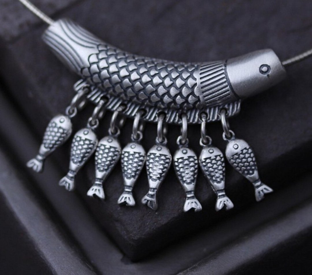 Real S990 Silver Fine Jewelry for Women Ethnic Carve Fishes Tassel Pendant - 长链 - 纯银 银色