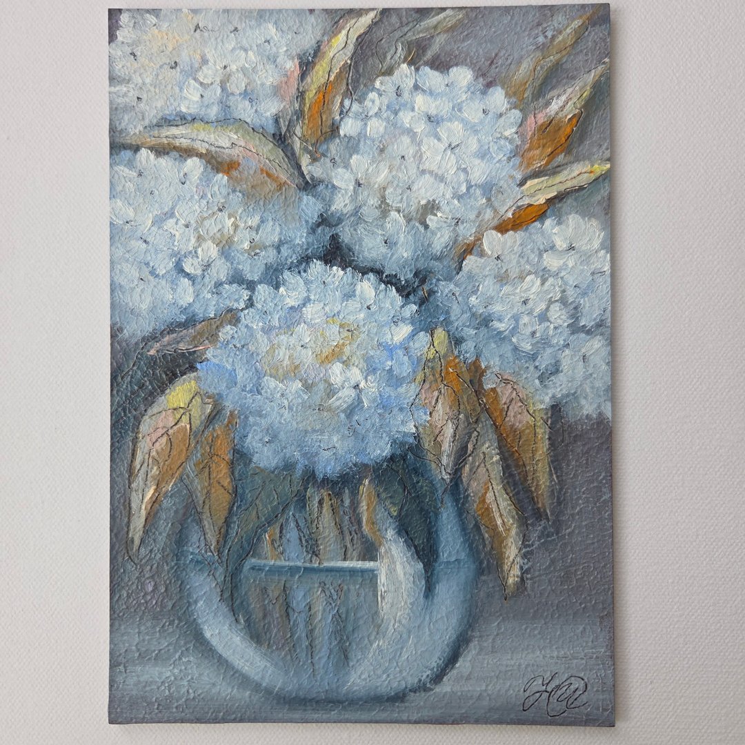 蓝色绣球花 原创油画 小幅花卉静物画作 - 海报/装饰画/版画 - 其他材质 蓝色