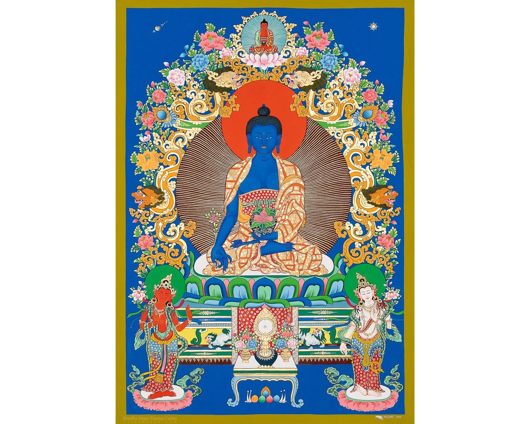 药师佛唐卡 | 手工制作的西藏艺术   象征疗愈与平静 - 墙贴/壁贴 - 其他材质 多色