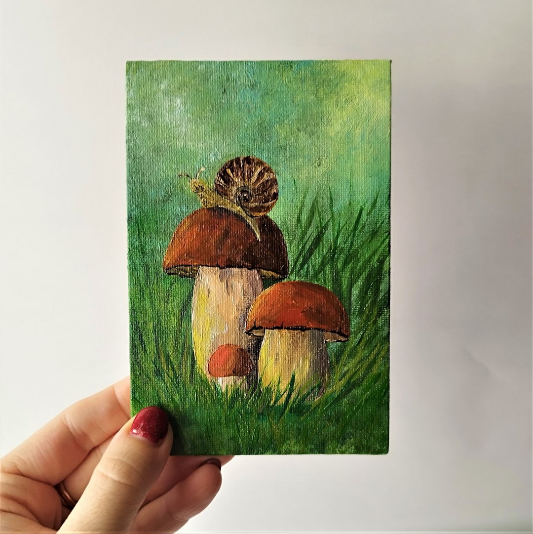 Mushroom Acrylic Painting - Unique Snail Art for Small Wall Decor - 墙贴/壁贴 - 压克力 多色