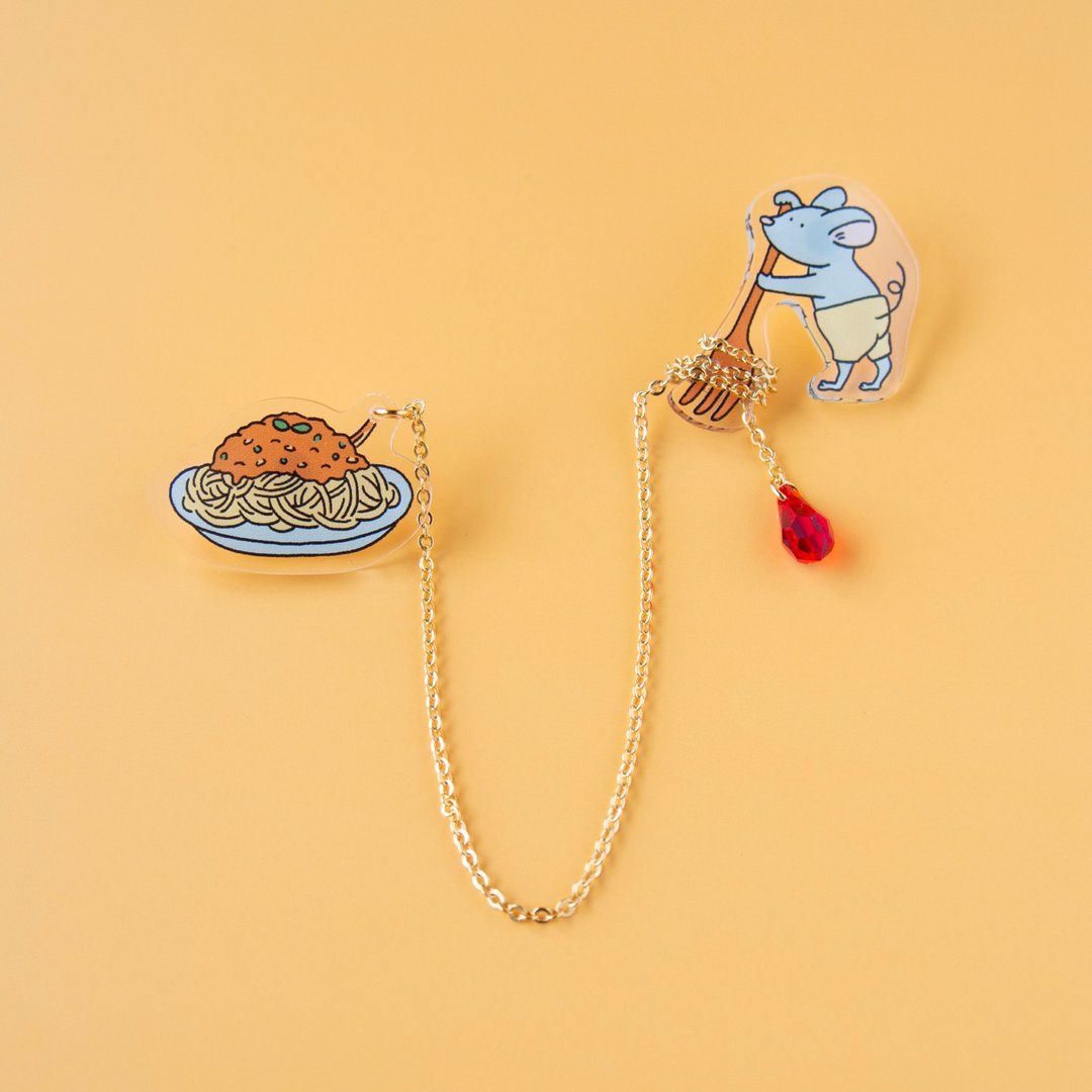Mouse who wants to eat spaghetti brooch - 胸针 - 压克力 多色