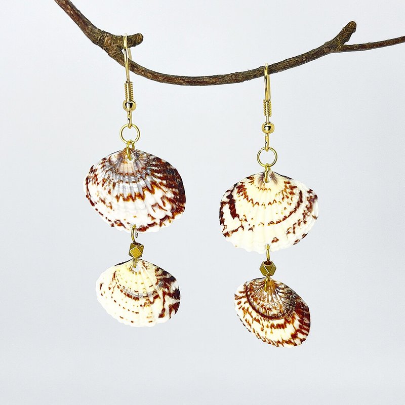 贝壳系列 / 鹰翅贝二重奏 /耳环 / 耳夹 - 耳环/耳夹 - 贝壳 咖啡色