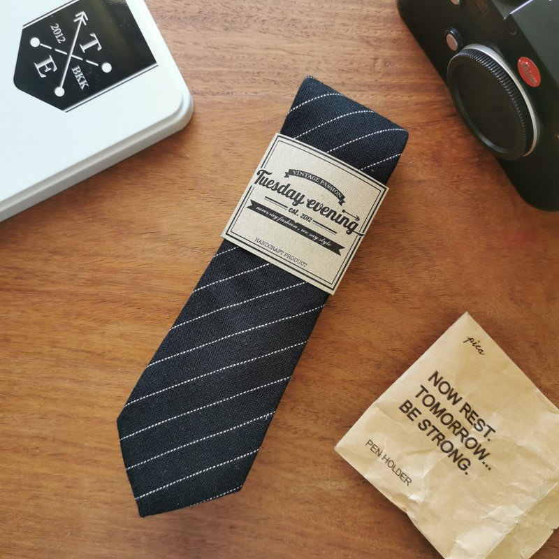 Necktie Black Stripe - 领带/领带夹 - 棉．麻 黑色
