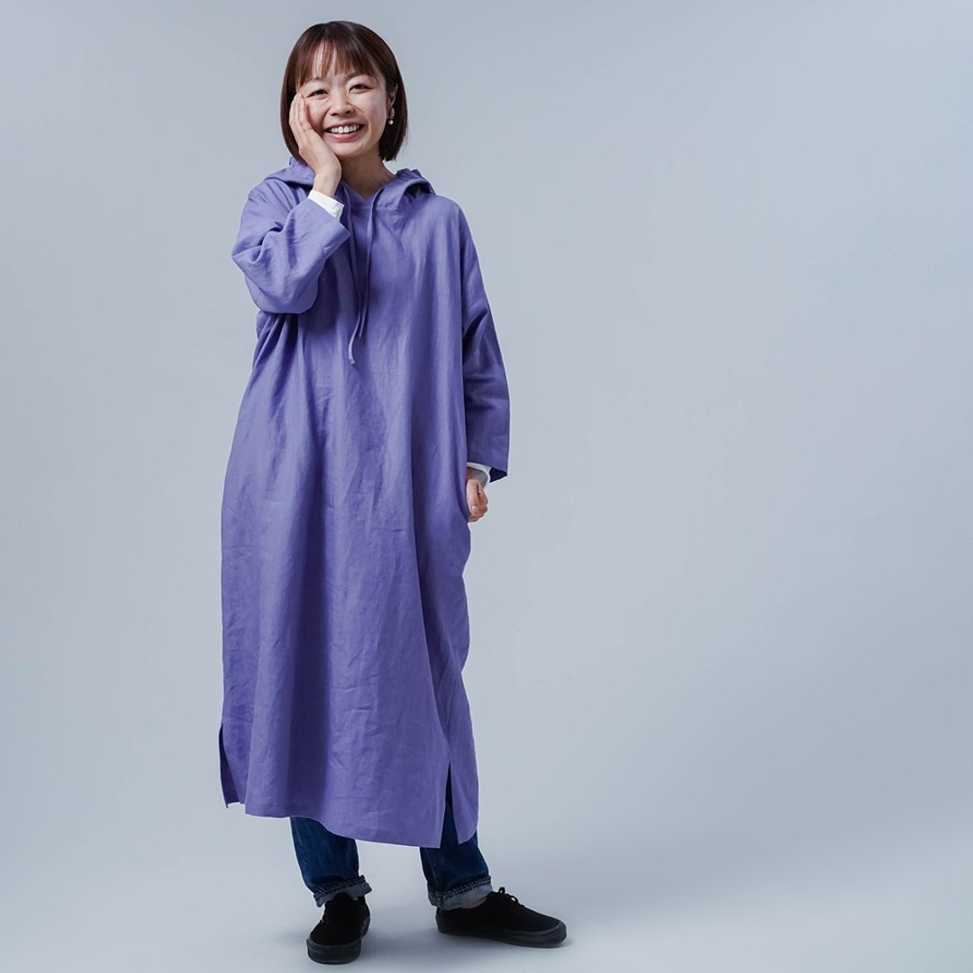 wafu [Linen dress] The unknown world of Linen hood that you want to cover up to your head / Fujimurasaki a010c-fjm1 - 洋装/连衣裙 - 棉．麻 紫色
