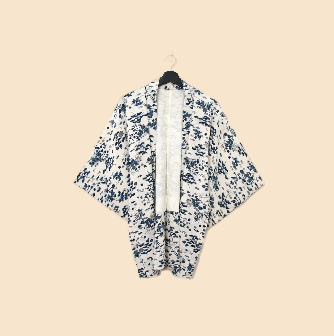 Back to Green-日本带回羽织 深蓝树木河流kb-44/vintage kimono - 女装休闲/机能外套 - 丝．绢 