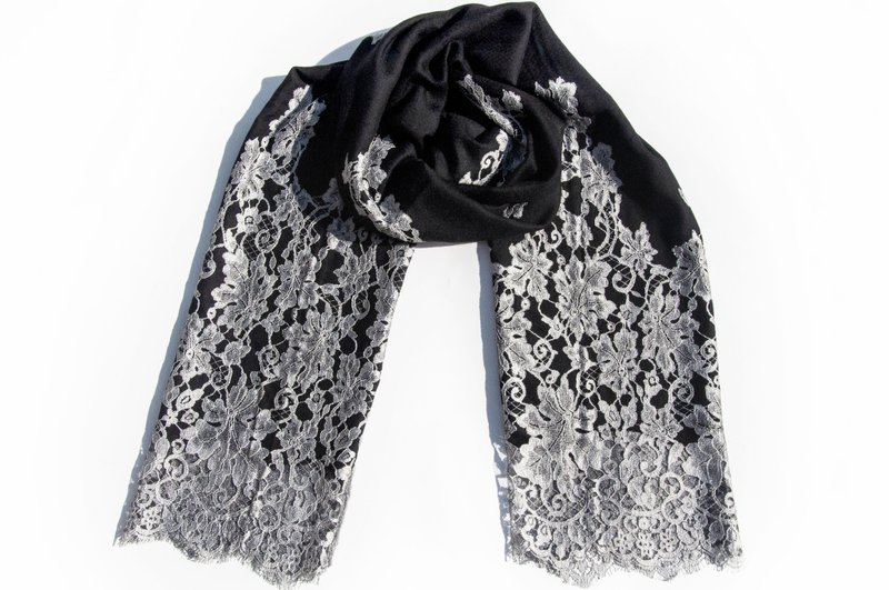 喀什米尔Cashmere/针织围巾/纯羊毛围巾 手织围巾 编织围巾-蕾丝 - 围巾/披肩 - 羊毛 黑色