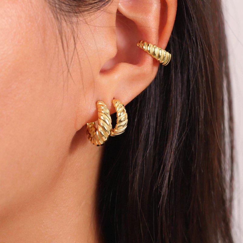 s925銀歐美風 時尚簡約經典牛角扭紋耳環耳飾 通勤耳環 禮物交換 - 耳环/耳夹 - 银 金色