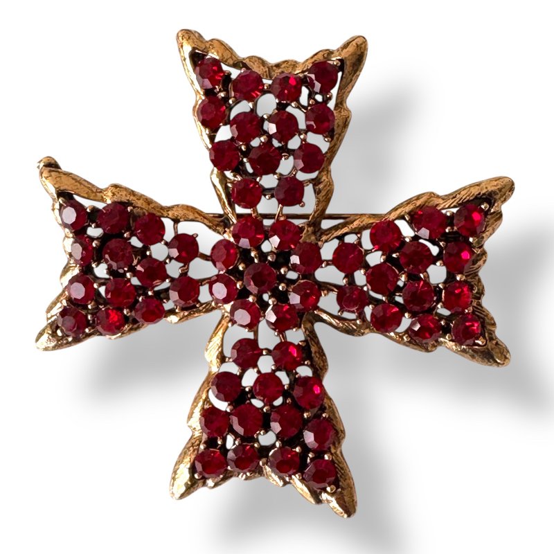 1960 年代 Albert Weiss 红宝石色马尔他十字古董胸针 签名 赠礼推荐 - 胸针 - 其他金属 红色