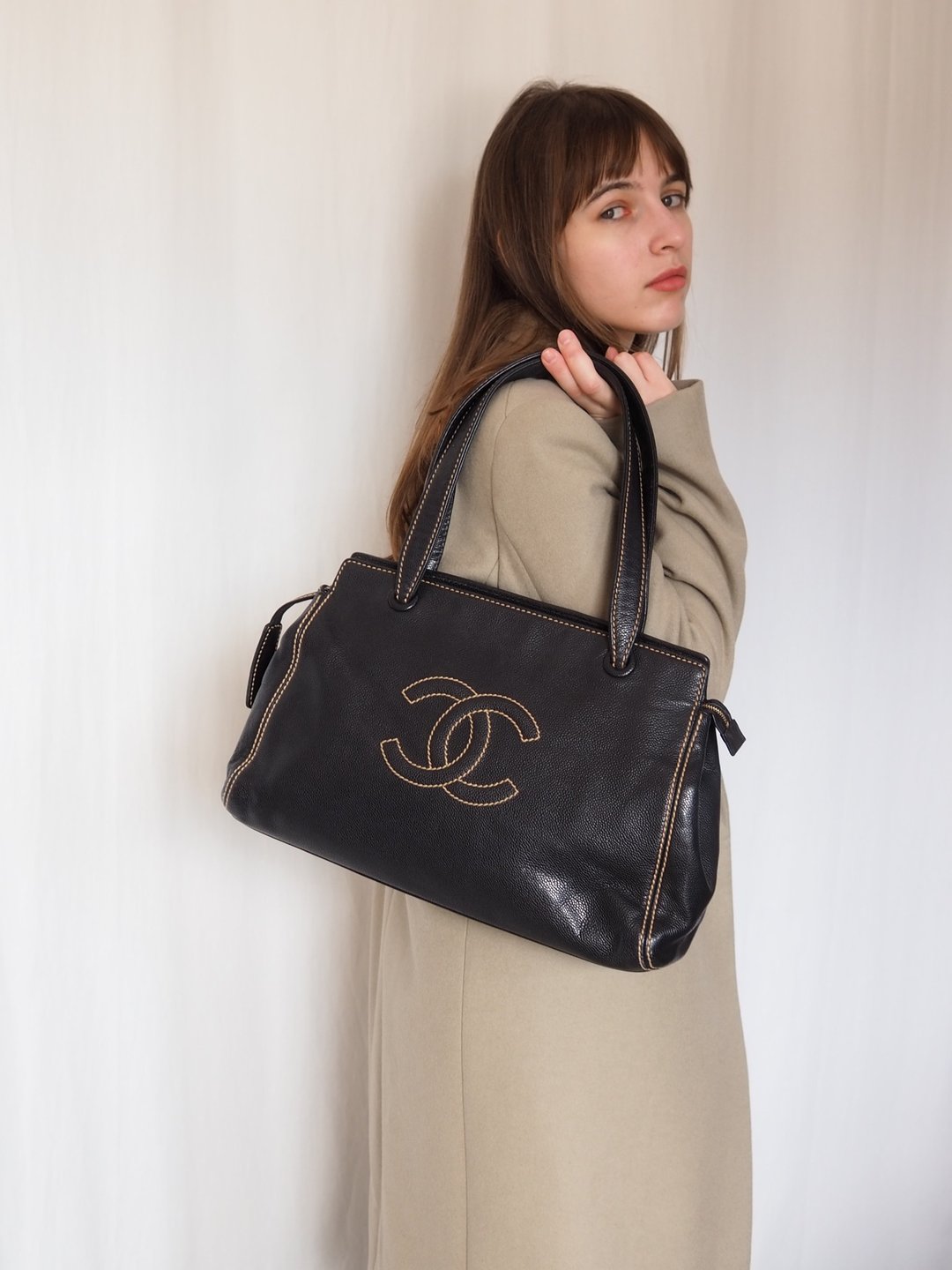 CHANEL 香奈儿 COCO 标志 缝线 托特包 黑色 荔枝纹牛皮 皮革 老件古着 - 侧背包/斜挎包 - 真皮 黑色