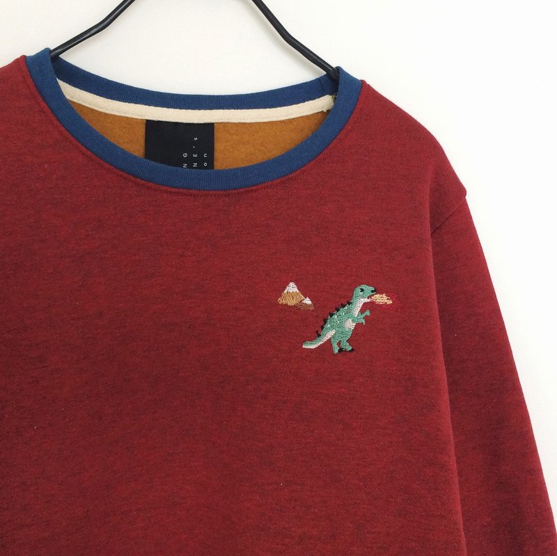 Dinosaur / Embroidery // Sweater /// Burgundy Red【雙 11 限定】 - 女装针织衫/毛衣 - 棉．麻 红色