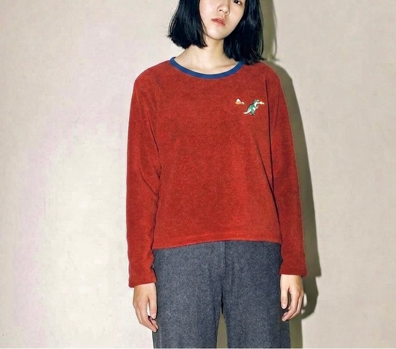 Dinosaur / Embroidery // Sweater /// Dark Red - 女装针织衫/毛衣 - 棉 红色
