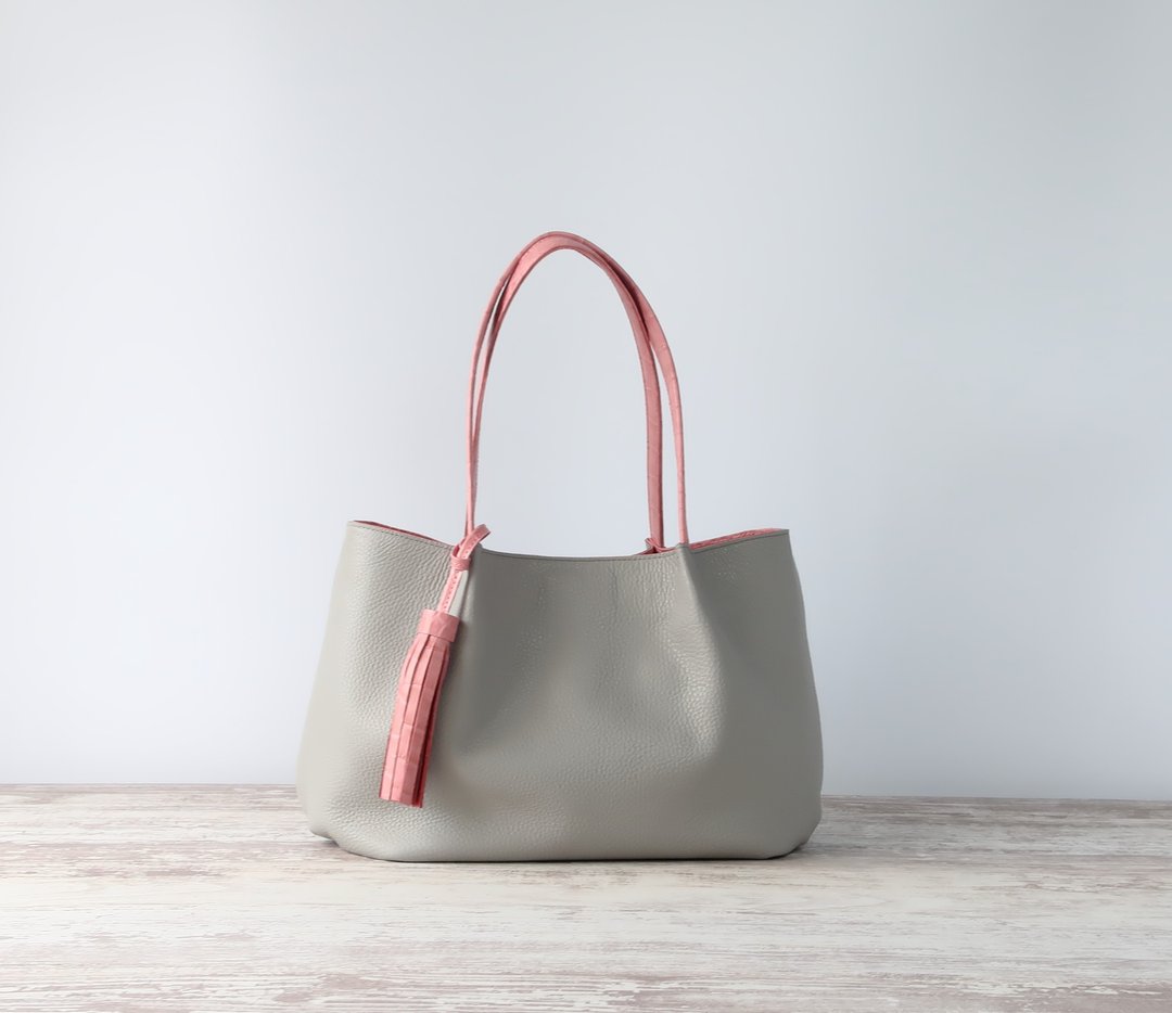 Fluffy tucked tote bag, S size, light gray x pink, made-to-order - 手提包/手提袋 - 真皮 灰色