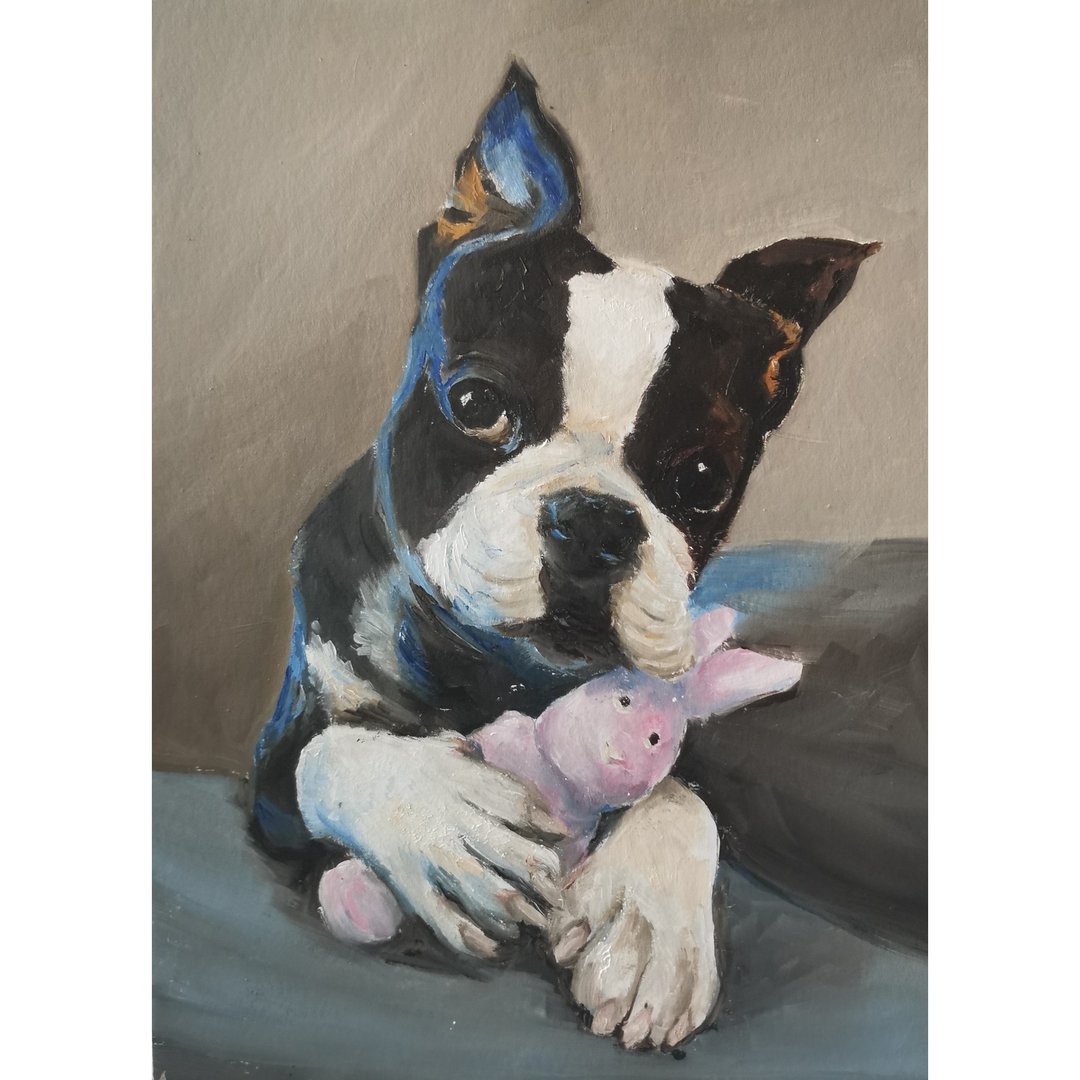 Pet Portrait Oil Original Painting Handmade Dog  Painting Boston Terrier - 海报/装饰画/版画 - 其他材质 
