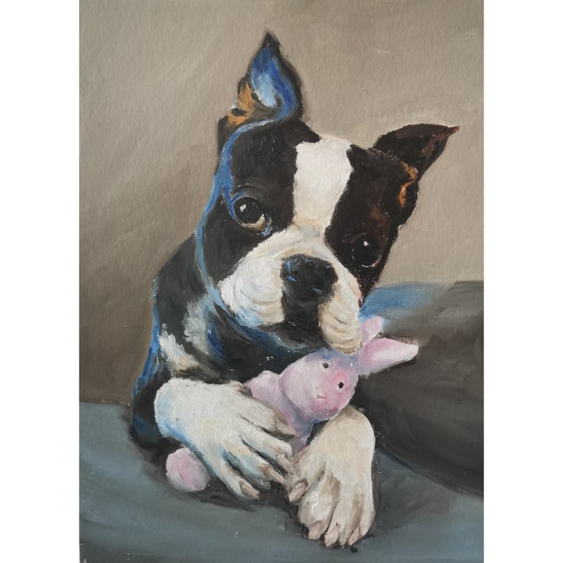 Pet Portrait Oil Original Painting Handmade Dog  Painting Boston Terrier - 海报/装饰画/版画 - 其他材质 
