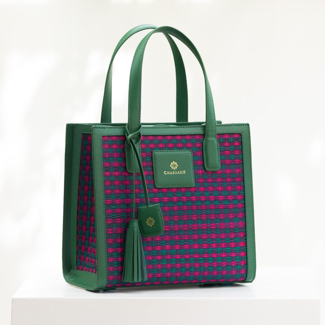 Chaksarn Small Tote - Green Leather and Purple Mat - 手提包/手提袋 - 真皮 紫色