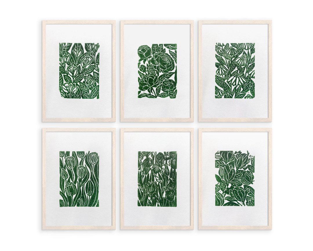 Linocut 印花绿色画廊墙套装 6 4 2 艺术花卉茉莉花牡丹郁金香 - 海报/装饰画/版画 - 纸 绿色