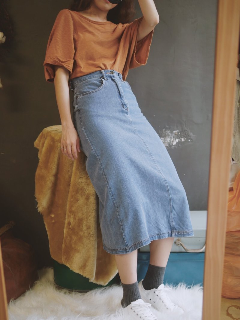 天空灰蓝青涩恋日手札时光 古董棉质开叉直筒裙 dress - 裙子 - 棉 蓝色
