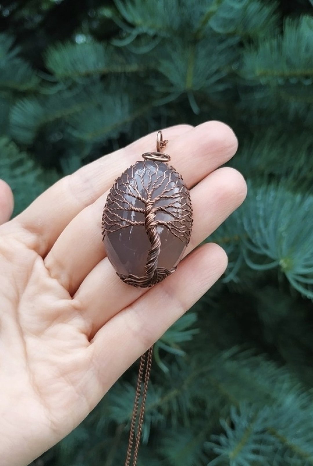 博茨瓦纳玛瑙吊坠/仿古风绕线铜项链/护身符 - 项链 - 其他金属 灰色