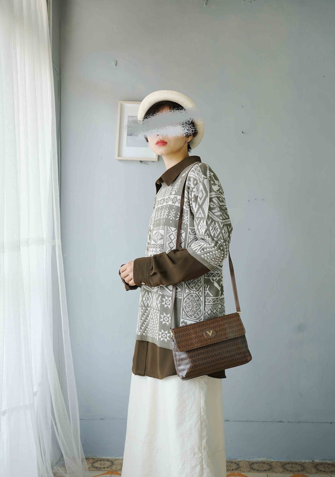 寻宝古着-卡布奇诺棕部落风几何拼接画面感缇花针织上衣 - 女装针织衫/毛衣 - 聚酯纤维 卡其色