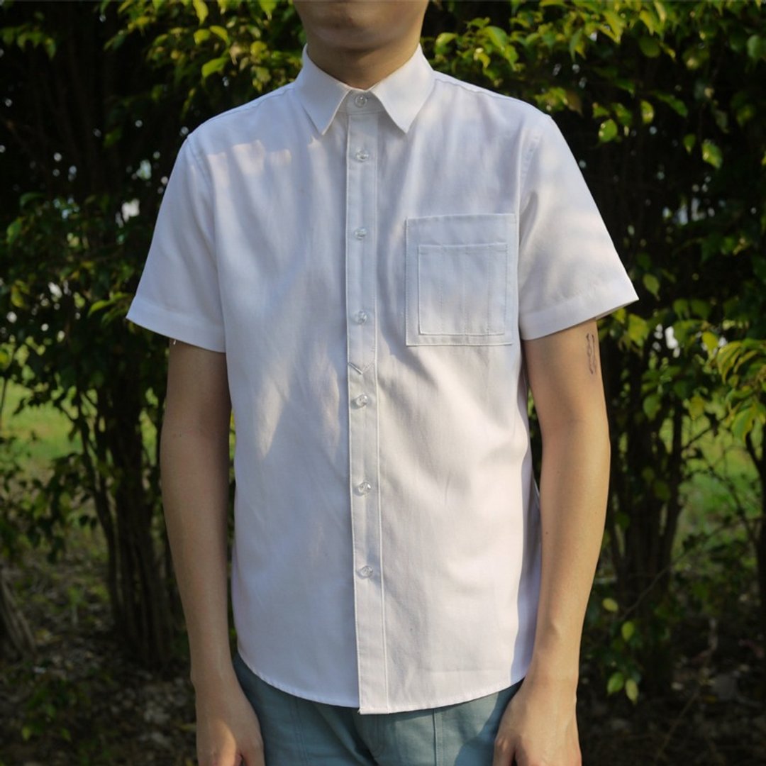 修身牛津短袖衬衫/素色/oxford shirt/纯棉/中性款/情侣款 - 男装衬衫 - 棉 白色