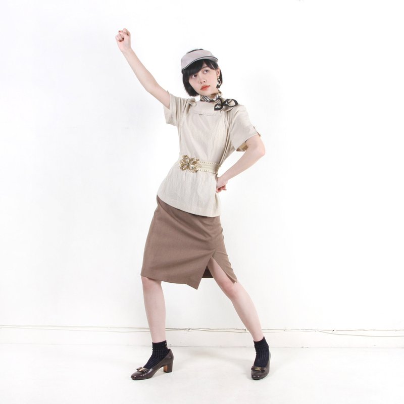 【蛋植物古着】单侧开衩A字古着裙 - 裙子 - 聚酯纤维 咖啡色