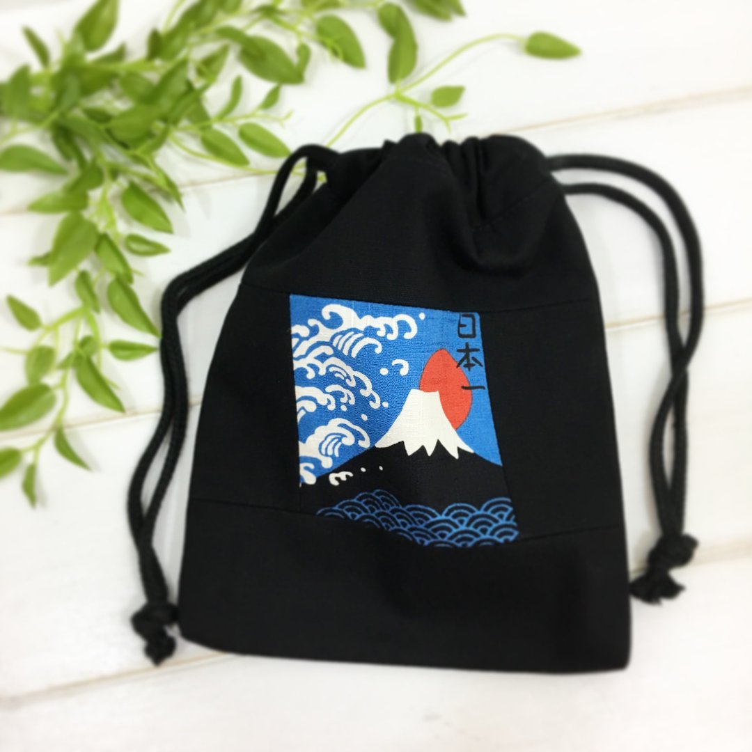 | •R• | 和风拼接束口袋 | 束口万用袋/收纳袋 | 富士山津波 - 化妆包/杂物包 - 棉 