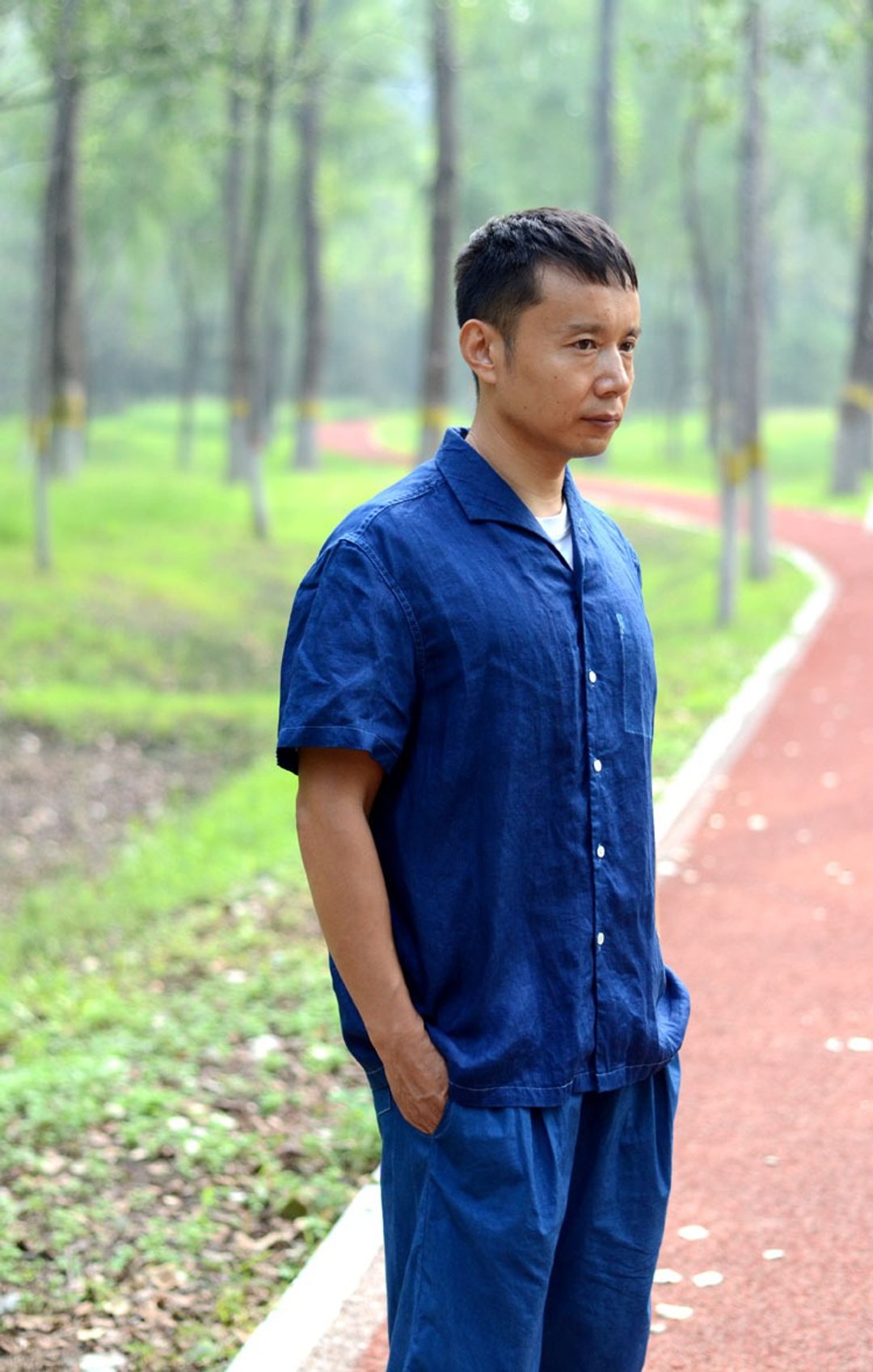 拾弃蓝染亚麻半袖衬衫男女同款 - 男装上衣/T 恤 - 棉 
