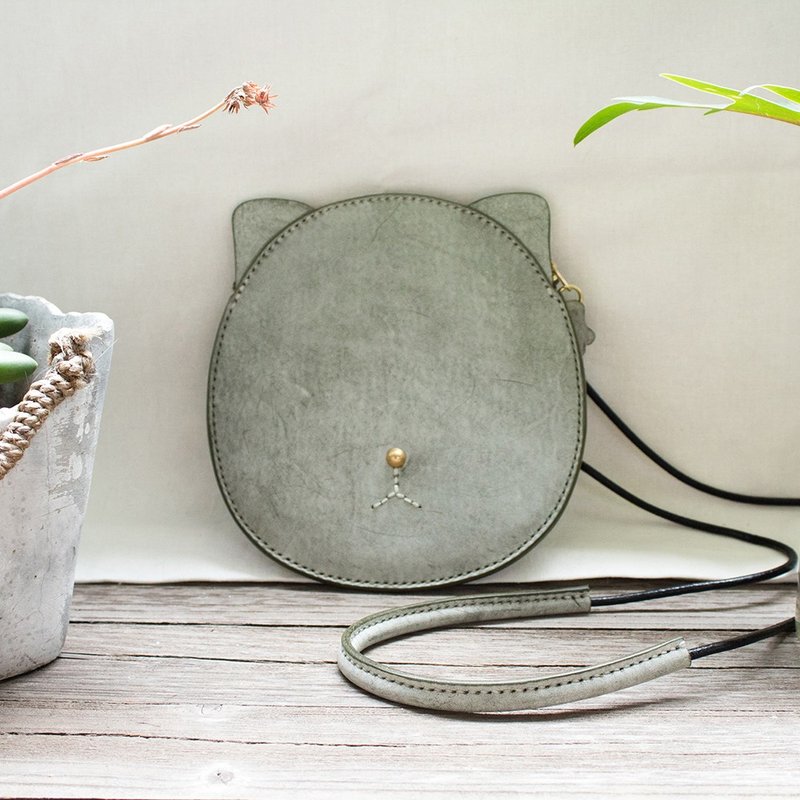 猫头可爱小斜跨包 意大利头层擦蜡皮 手机包 随身小包 - 侧背包/斜挎包 - 真皮 绿色