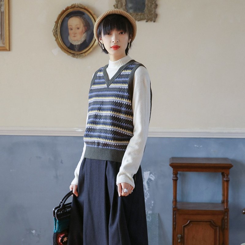 费尔岛花纹背心马甲-橄榄绿|毛衣|冬款|棉+晴纶|Sora-430 - 女装背心 - 棉．麻 