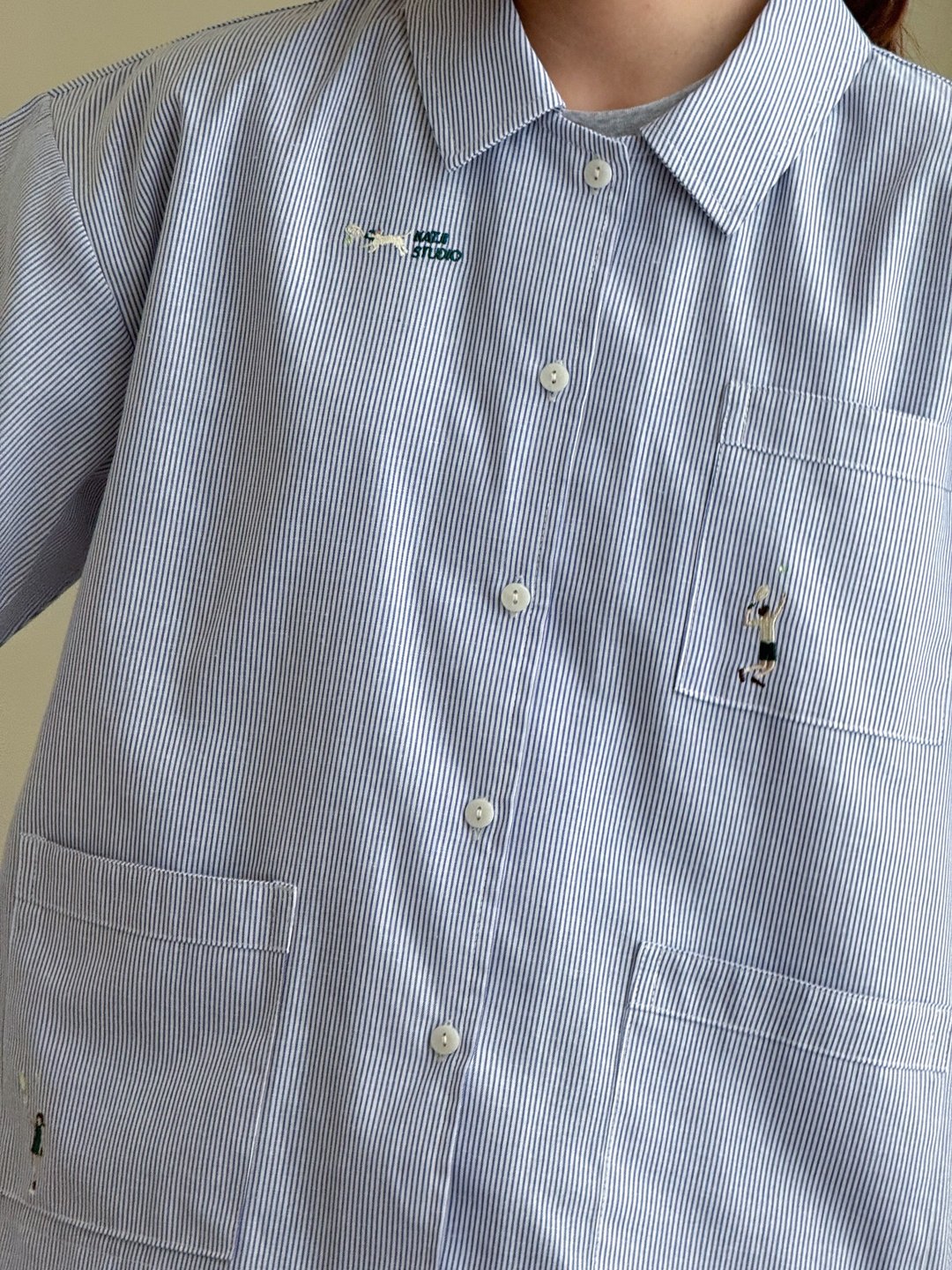 刺绣衬衫 (Embroidery Shirt) : 黑色条纹 (Stripe) : 斑点狗 - 女装衬衫 - 棉 蓝色