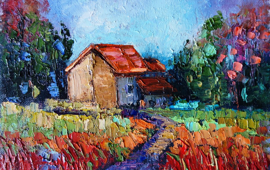 Village Painting Oil Rural Original Art 油畫原作 Summer Meadow Landscape Artwork - 海报/装饰画/版画 - 颜料 多色