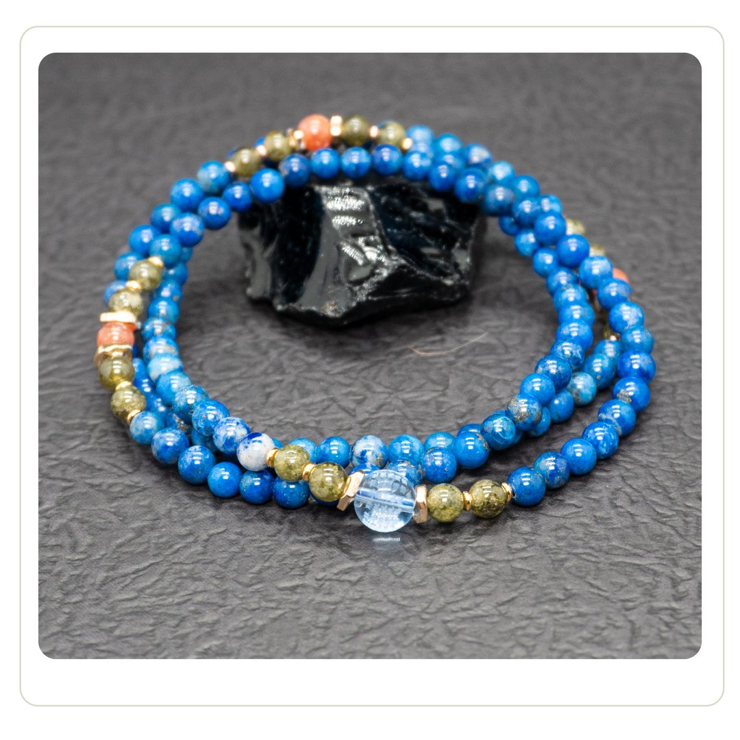 Zen | 108 念珠 108佛珠 药师佛心咒 青金石 绿石榴石 太阳石 - 手链/手环 - 水晶 蓝色