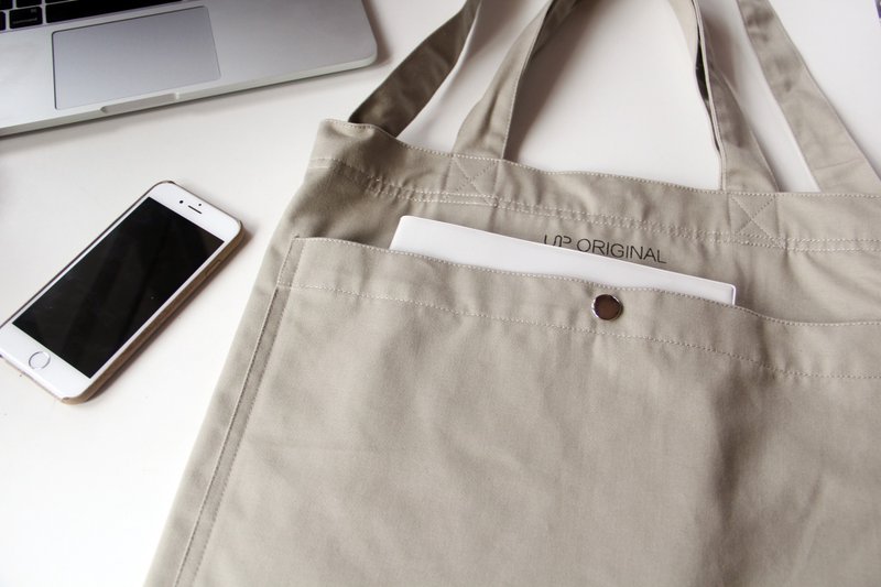 Khaki two-way tote bag 两用托特包-卡其色 - 侧背包/斜挎包 - 棉 金色