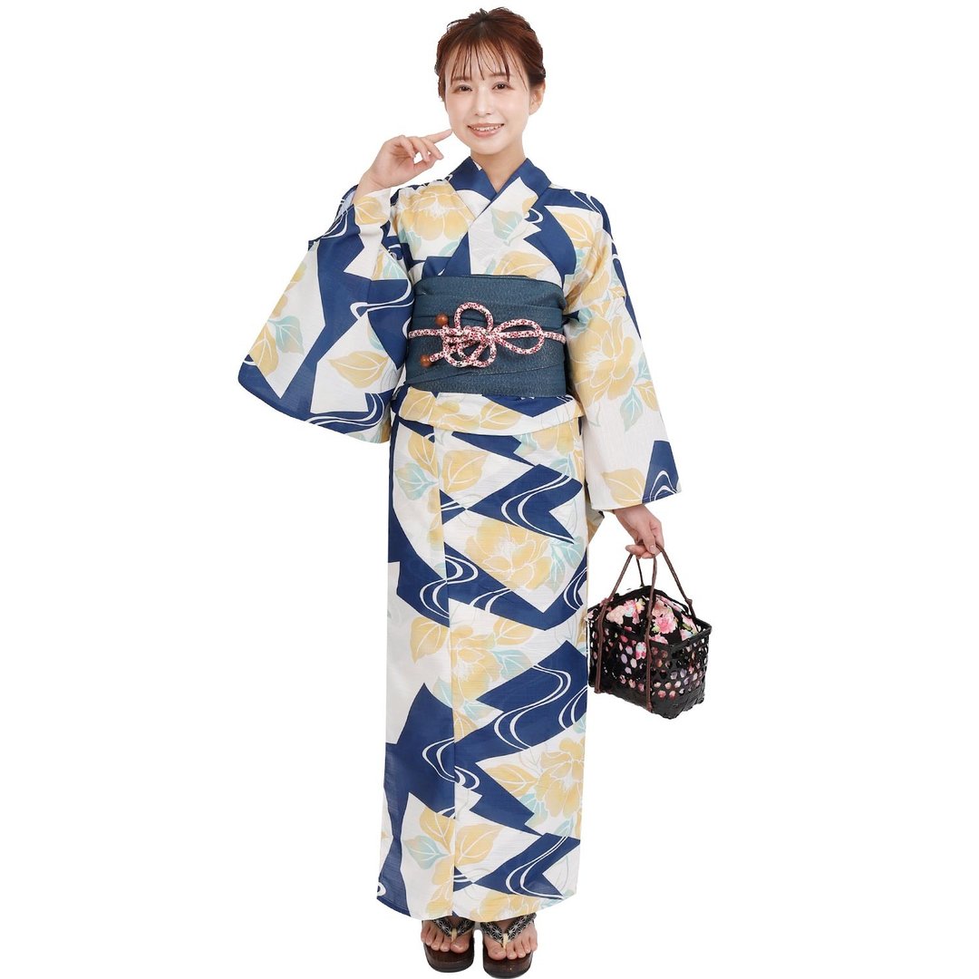 日本 和服 聚酯纤维 梭织 女性 浴衣 腰带 2件组 F Size X41-06C - 其他 - 聚酯纤维 蓝色