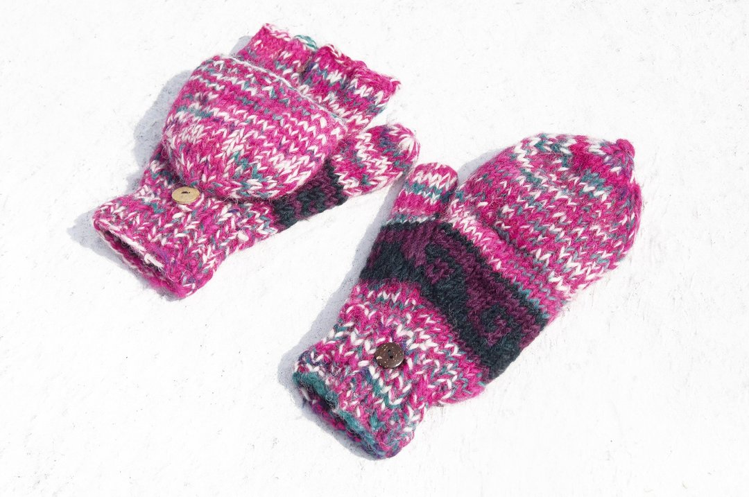 圣诞节礼物 创意礼物 交换礼物 限量一件手织纯羊毛针织手套 / 可拆卸手套 / 内刷毛手套 / 保暖手套(made in nepal) - 艳丽桃红色彩 民族图腾 - 手套 - 羊毛 多色
