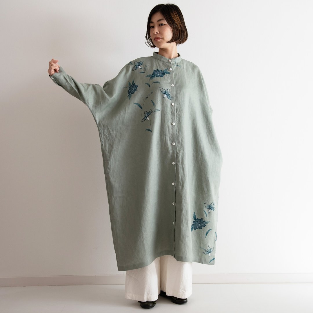 Stand collar shirt dress Chintz / peony - 洋装/连衣裙 - 棉 绿色