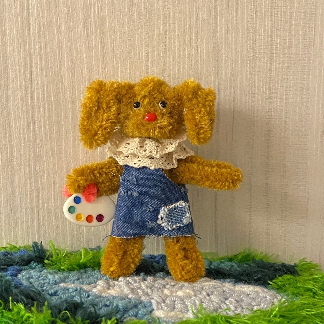 职人篇:小画家开工(咖啡黄色犬)9cm-毛根扭扭棒手作/娃娃宠物 - 玩偶/公仔 - 其他材质 咖啡色