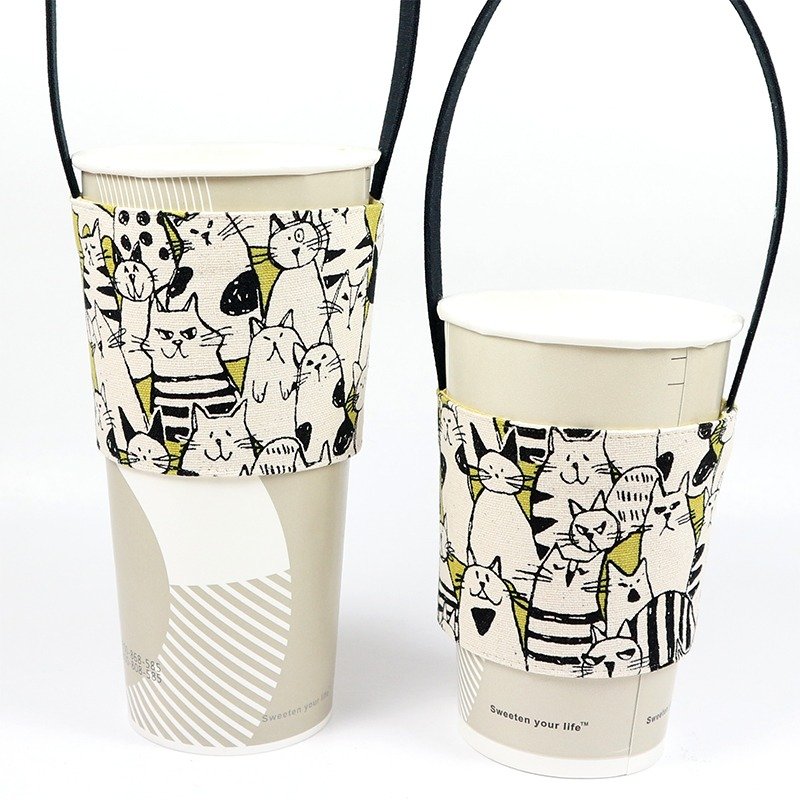 饮料杯套 环保杯套 提袋- 线条猫(黄) - 随行杯提袋/水壶袋 - 棉．麻 黄色