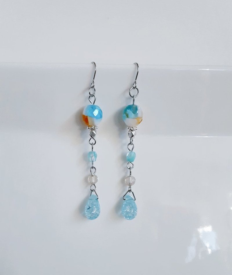 长款摇曳热带彩色耳针，水蓝简约，生日礼物，可换防过敏耳针或耳夹。 - 耳环/耳夹 - 玻璃 蓝色