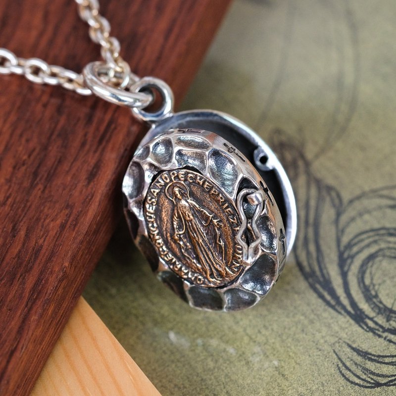 复古岩纹圣母相片盒项链坠饰 925纯银饰 单坠价 - 项链 - 纯银 银色