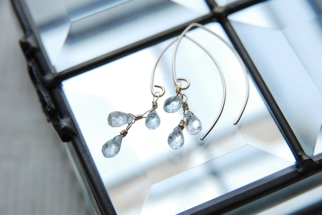 Aquamarine Drop 3 Marquis Hook Earrings 14kgf - 耳环/耳夹 - 半宝石 蓝色