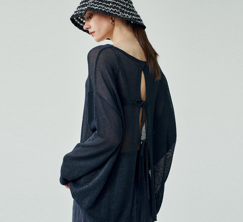 【和纸纱】法式簡約/寬鬆防晒针织衫 - 女装上衣 - 其他材质 蓝色