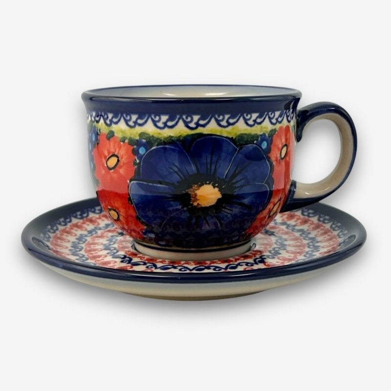 波兰手绘手工陶-咖啡杯盘组 200ml 赤蓝芳华系列 - 咖啡杯/马克杯 - 陶 多色