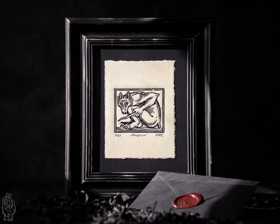 Rougarou - Original Linocut Postcard A6 Print - 墙贴/壁贴 - 纸 白色