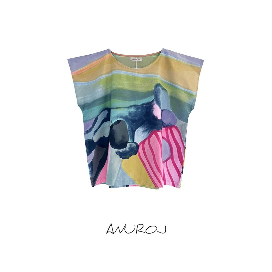 Blouse Linen Hand paint For Summer Beach Vacation - 女装上衣 - 棉 蓝色
