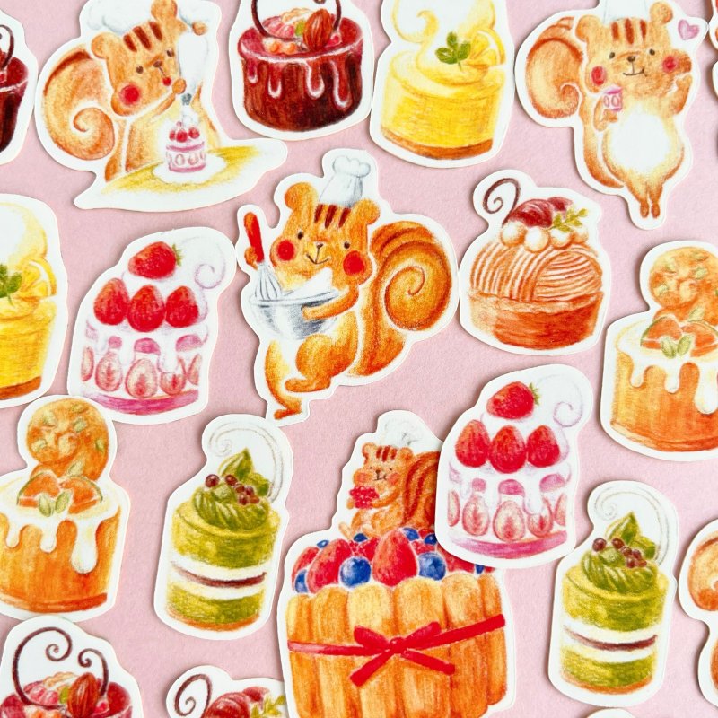 甜点师小松鼠和风贴纸 (附明信片) - 贴纸 - 纸 橘色